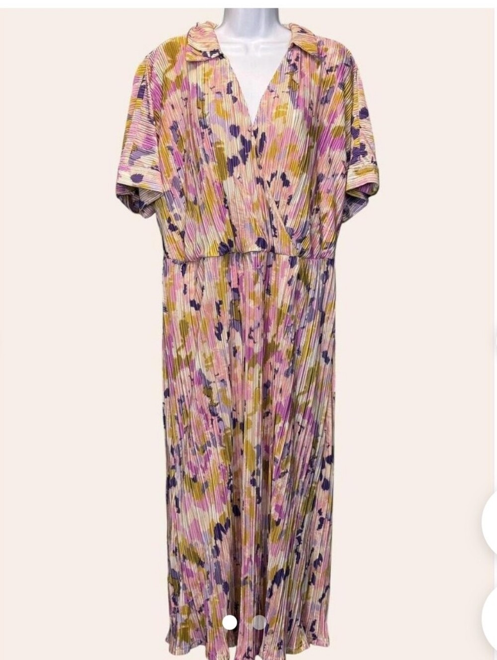 kathy ireland Pleated Floral Print Dress in Pink, Yellow & Purple